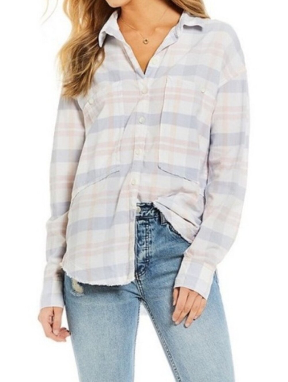 NWT Free People Loveland Pastel Plaid Shirt Oversized Button Down Raw Hem